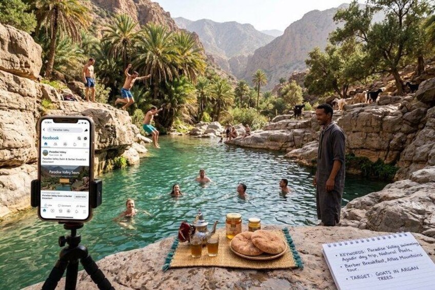 Uno smartphone su un treppiede che riprende un gruppo di persone che nuota in una piscina naturale circondata da roccia e palme. 3
