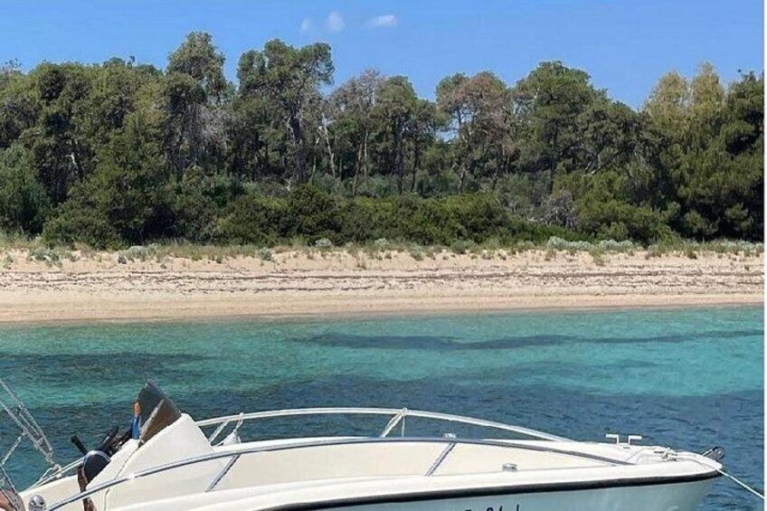 Un bateau sur une étendue d’eau calme, une plage de sable et une zone boisée en arrière-plan. 1