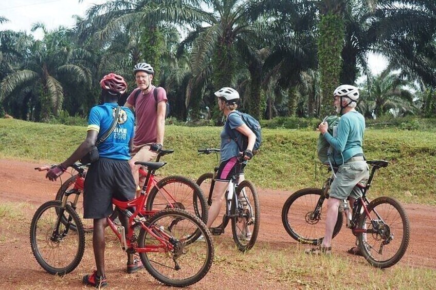 A group of cyclists on a dirt path with palm trees in the background. 1