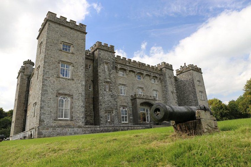 Un castello storico in pietra con numerose torri e un grande cannone. 1