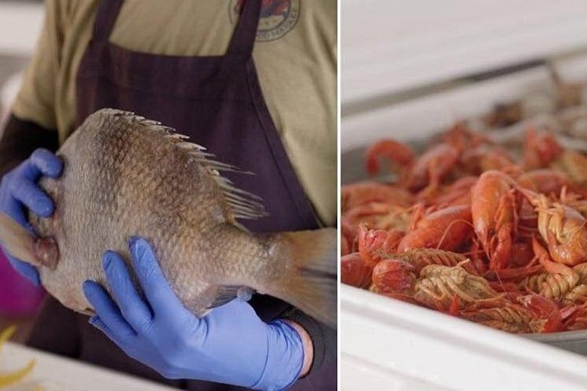 A person holding a fish and a display of shrimp. 3