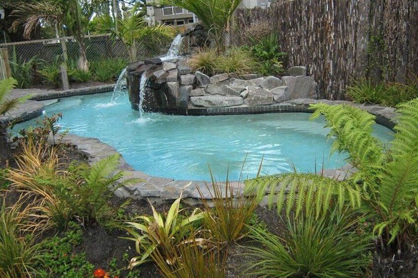 A swimming pool with a waterfall feature surrounded by tropical plants. 5