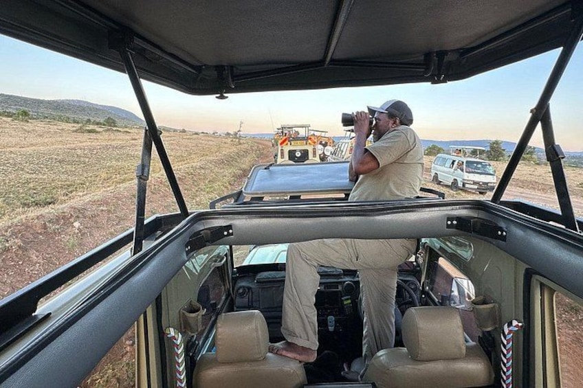 A person in a safari vehicle taking photographs. 3