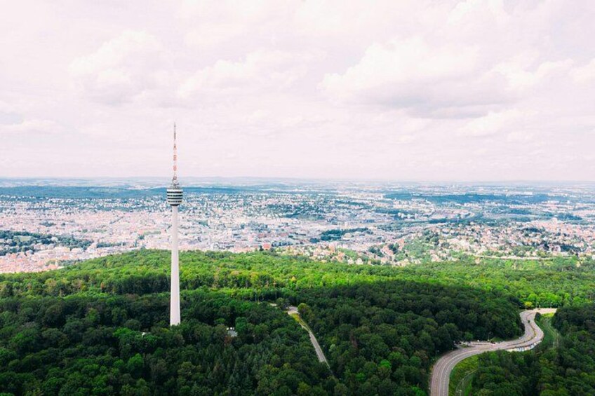 Una torre, fitta foresta verde, strada tortuosa e uno skyline sullo sfondo. 4