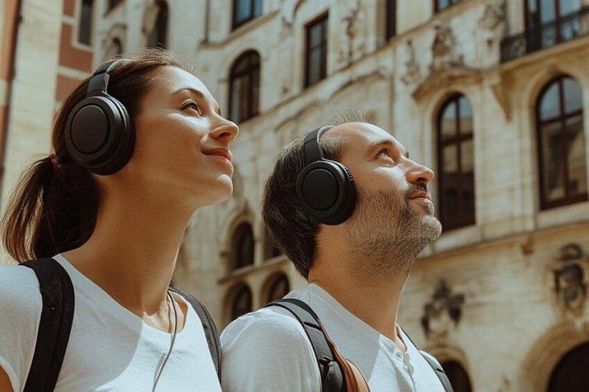 Two people wearing headphones, standing in front of a building with arched windows and detailed stonework. 2