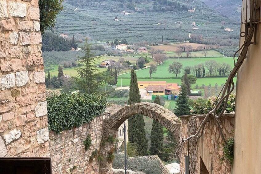 Un arco de piedra con vistas a un paisaje rural con campos y edificios dispersos. 2