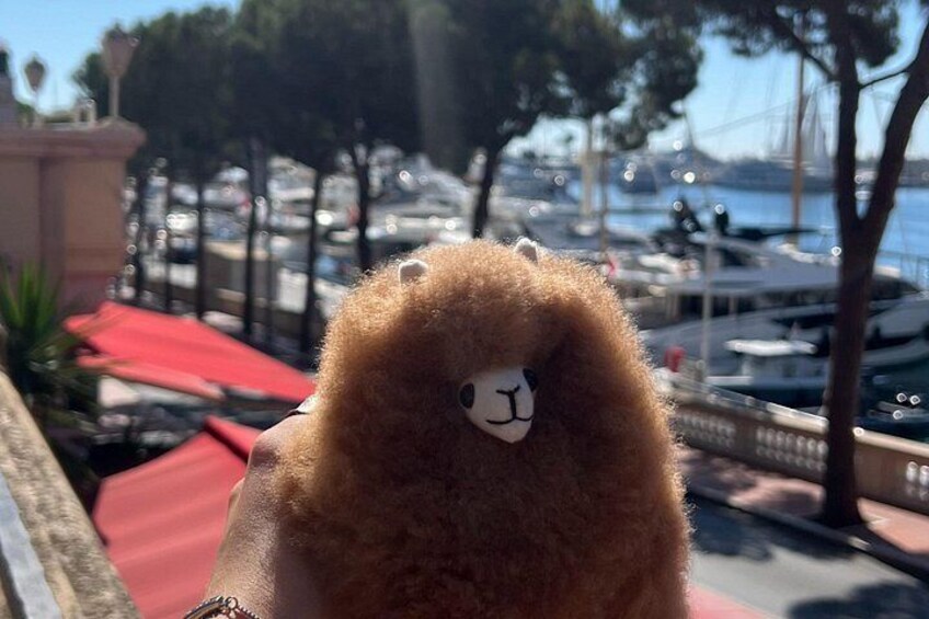 Un peluche de llama con una etiqueta blanca en la oreja, un paraguas rojo y un puerto deportivo con barcos al fondo. 3