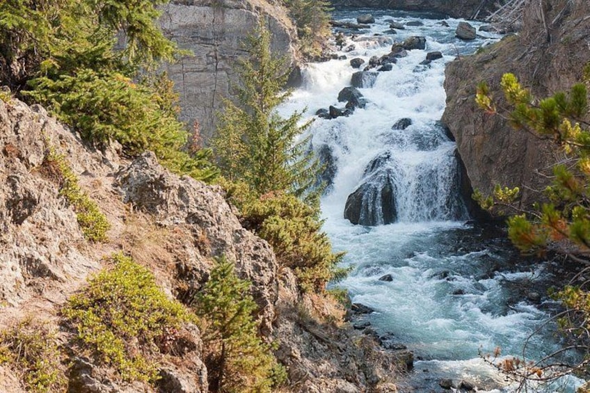 A river flowing through a rocky canyon with dense green vegetation. 2