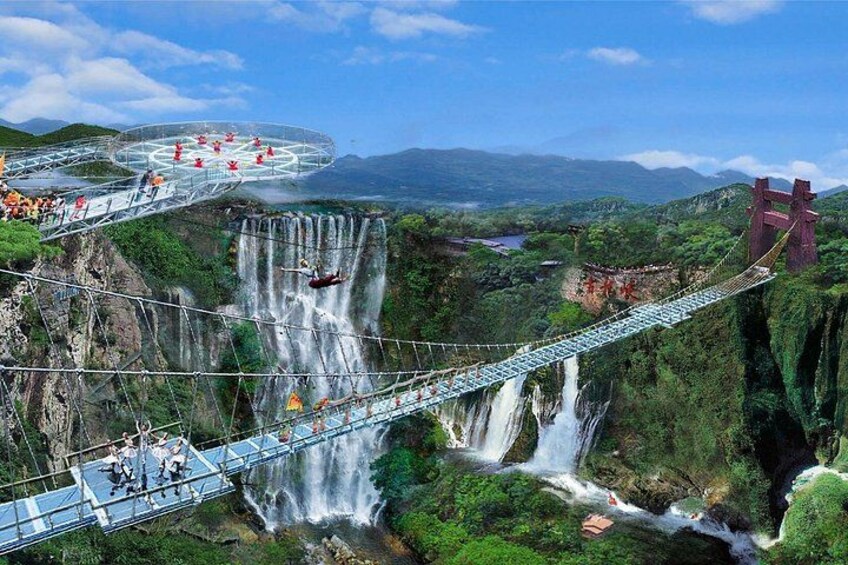 Un puente colgante sobre una cascada, un pasillo de cristal y un tradicional torii japonés. 1