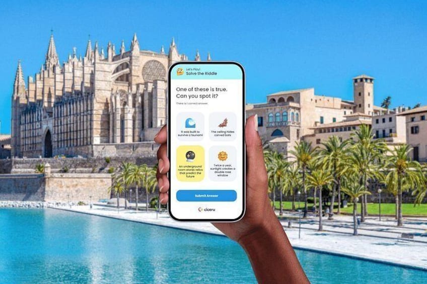A hand holding a smartphone with a riddle app against a backdrop of a historic building and a pool. 1