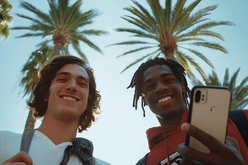 Two individuals outdoors with palm trees in the background. 3