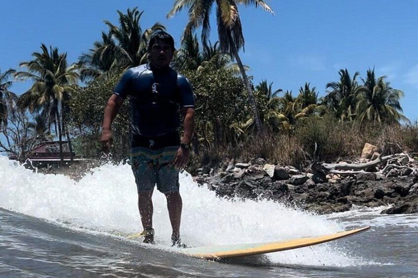 A man surfing on a wave with palm trees and a rocky shoreline in the background. 5