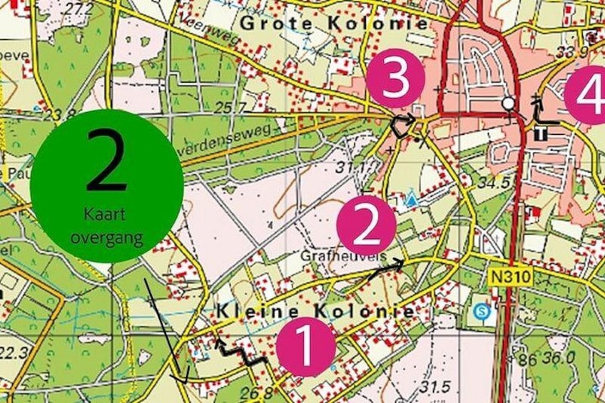A map with marked locations and roads. 5
