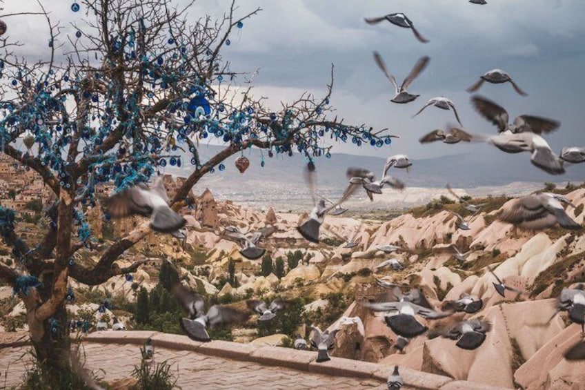 A tree with blue ornaments, a rocky landscape, and birds flying. 5