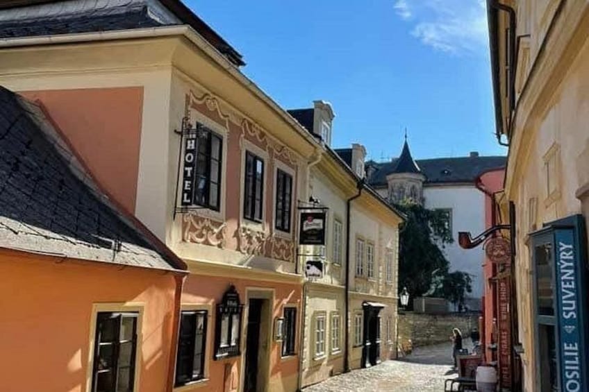 A cobblestone street lined with historic buildings, a hotel, and a church tower in the background. 4