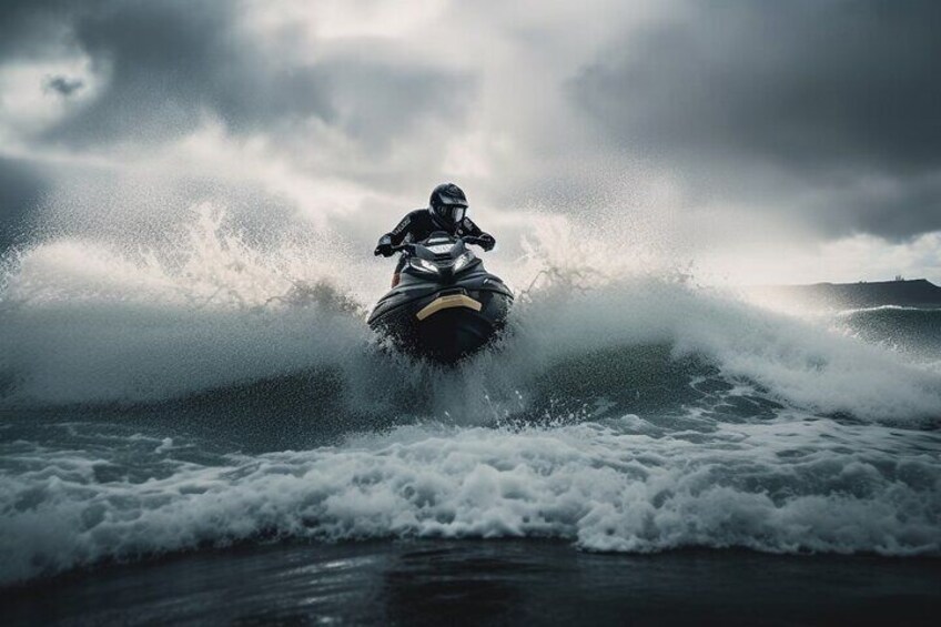 A person riding a snowmobile on a wave. 1