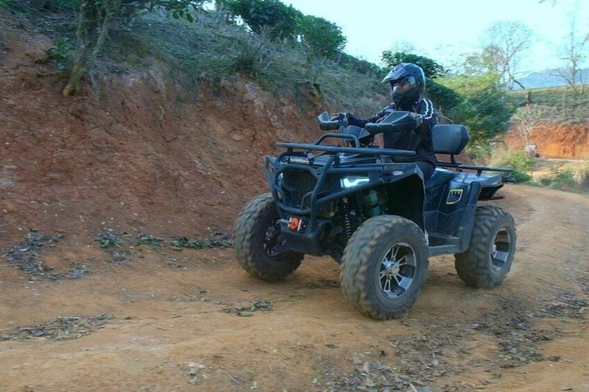 A person riding a quad bike on a dirt path surrounded by vegetation. 3