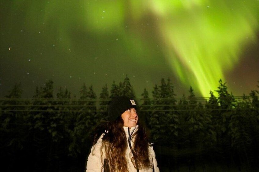 Una persona in piedi all'aperto sotto un cielo notturno con un'aurora boreale verde. 4