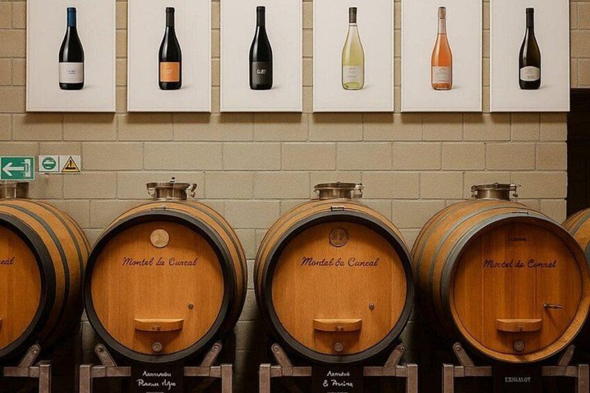 Wine bottles and wooden barrels with labels. 4