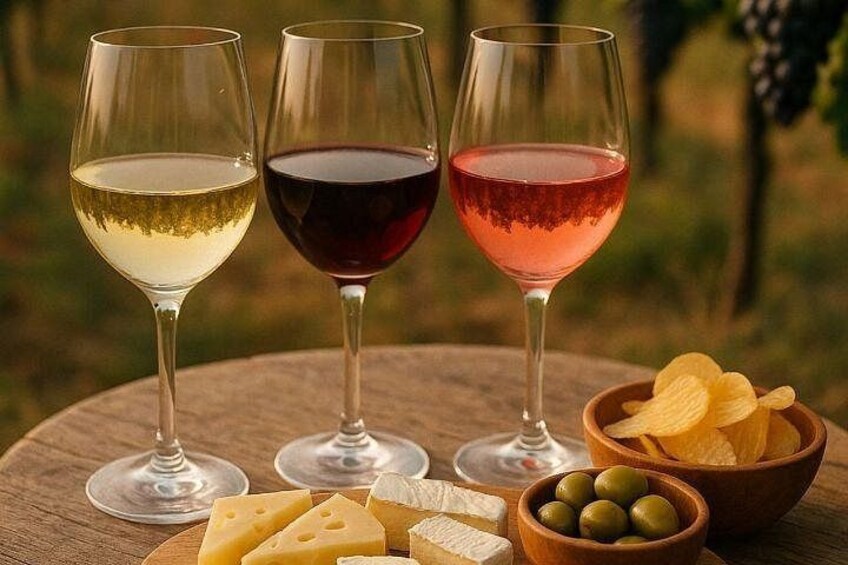 Three wine glasses, a bowl of chips, a bowl of olives, and cheese on a wooden table. 1