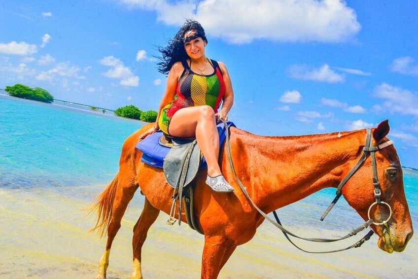 A person riding a horse on a beach with clear water and a small island in the background. 4