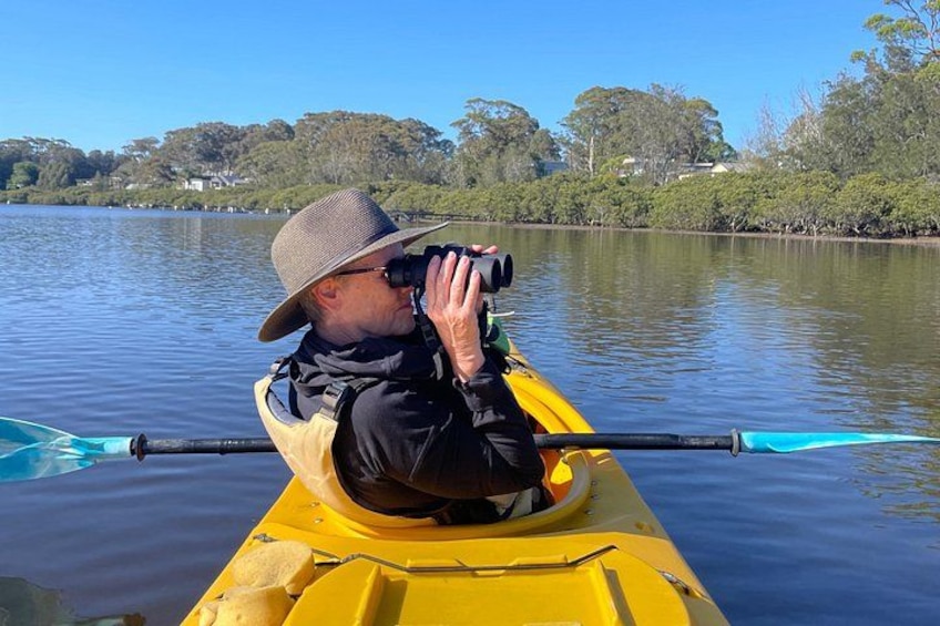 A person in a yellow kayak on a calm body of water, wearing a hat and holding binoculars. 1