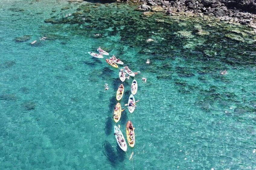 Un groupe de personnes pratiquant le kayak dans une mer d’un bleu limpide. 1