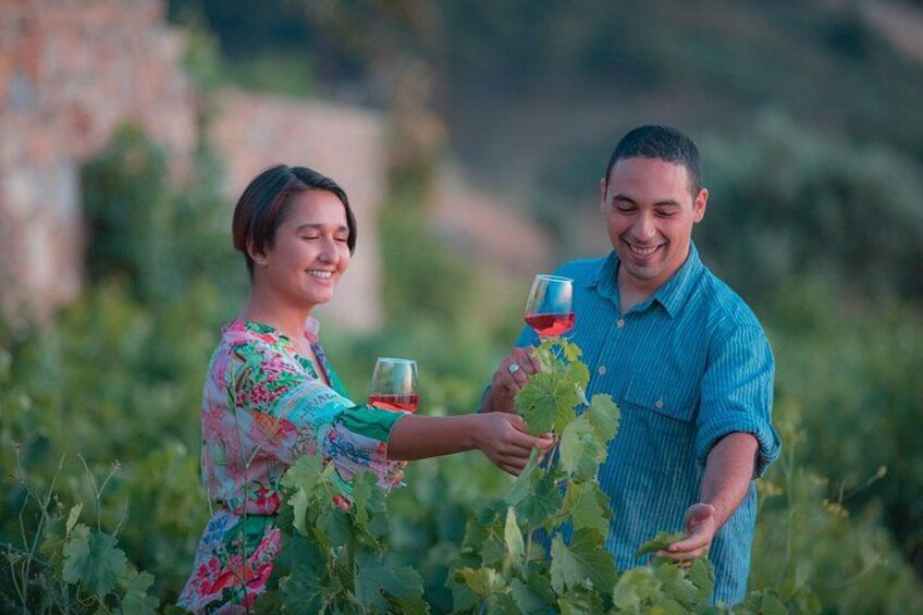 Two people toasting with wine glasses in a vineyard. 2
