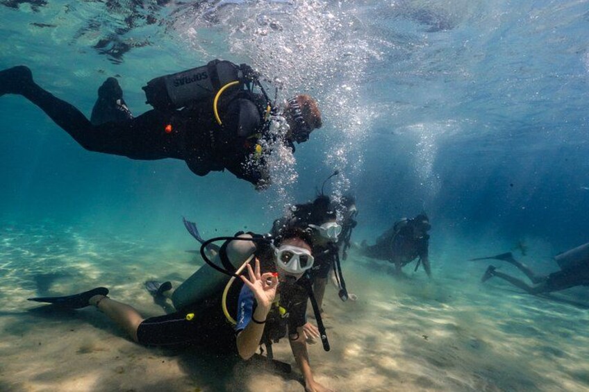 Scuba divers underwater with clear water and sandy bottom. 5