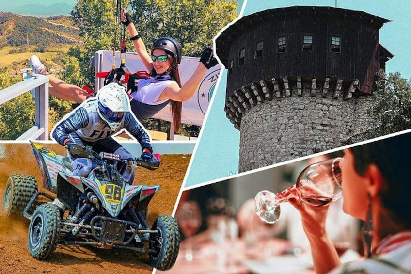 A dirt bike rider, a stone tower, and a person drinking wine. 1