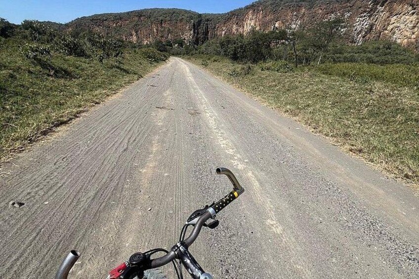 Ein Fahrrad auf einem Feldweg, im Hintergrund eine gebirgige Landschaft. 5