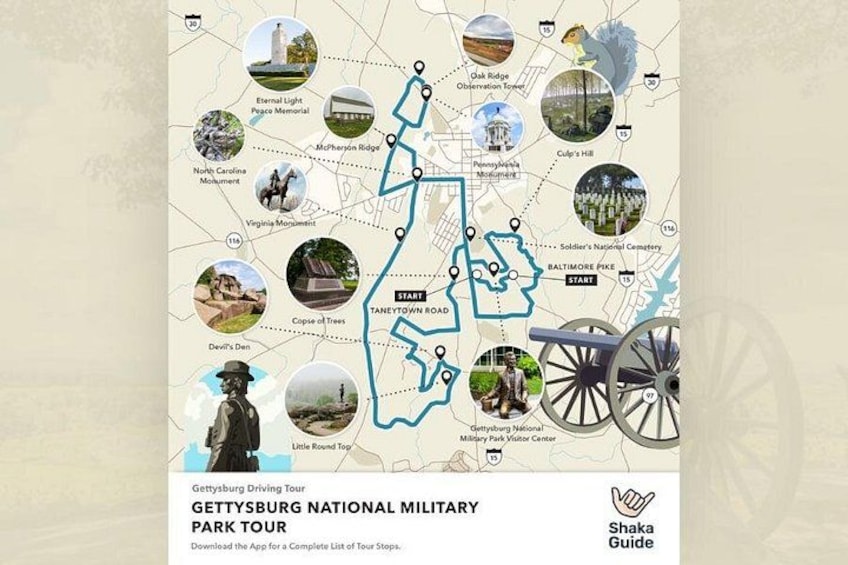 Een kaart van de rondleiding door het Gettysburg National Military Park, met diverse historische locaties aangegeven. 1