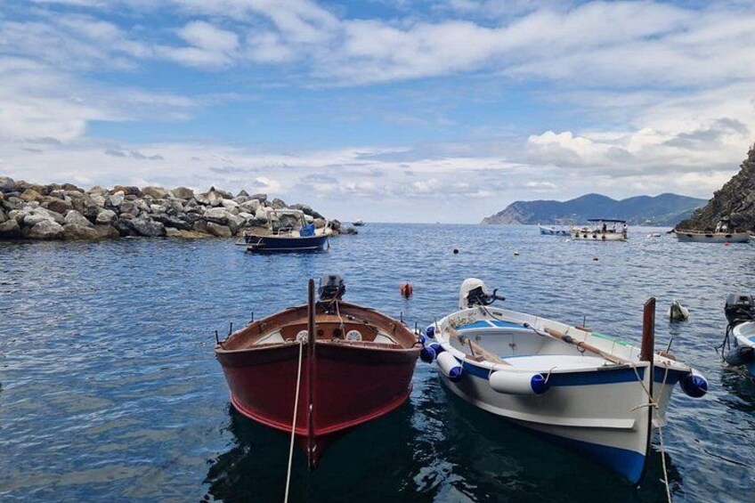 A calm harbor with several boats docked near a rocky breakwater. 5