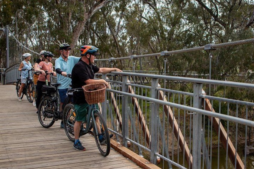 Un grupo de ciclistas sobre un puente de madera con barandillas metálicas, rodeado de árboles. 4