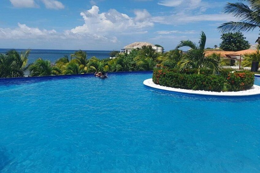 A clear blue swimming pool surrounded by tropical vegetation and a view of the ocean. 4