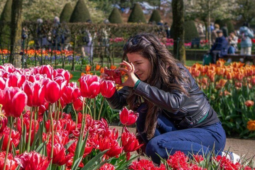A person crouching among red tulips in a garden. 3