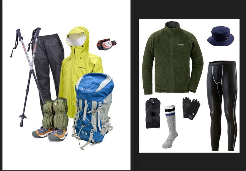 Keltainen sadetakki, mustat housut, vaellussauvat, sininen reppu, vihreä takki, mustat leggingsit, sininen hattu, mustat käsineet ja harmaat sukat. 3