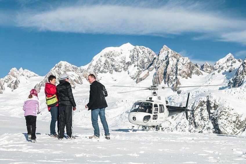 Snow landing on the Fox Glacier Neve, Mt Tasman in view 1