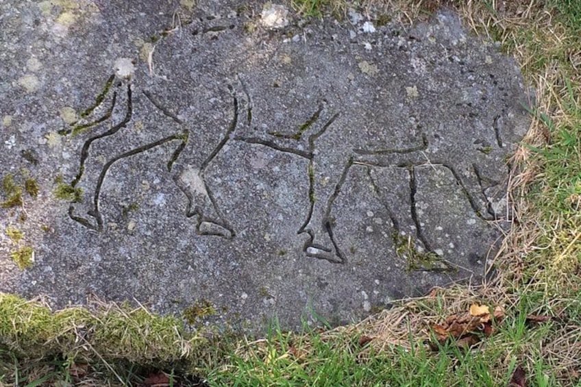 A stone with prehistoric animal carvings. 2