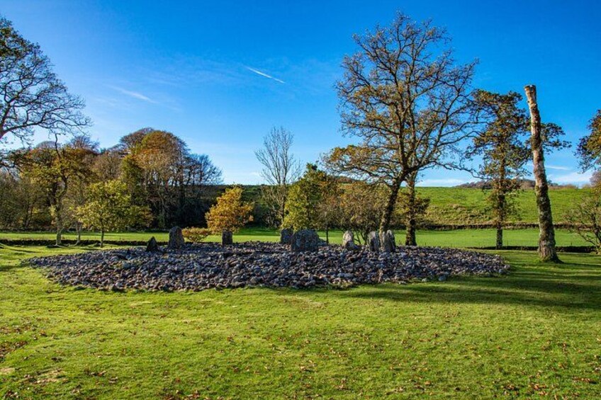 A stone circle in a grassy field with trees in the background. 4