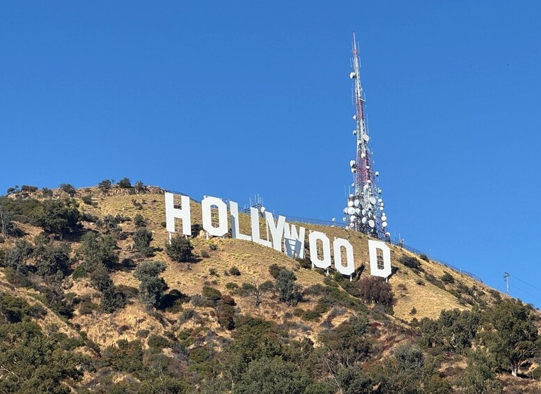 Das Hollywood-Schild auf einem Hügel mit spärlicher Vegetation und blauem Himmel. 4