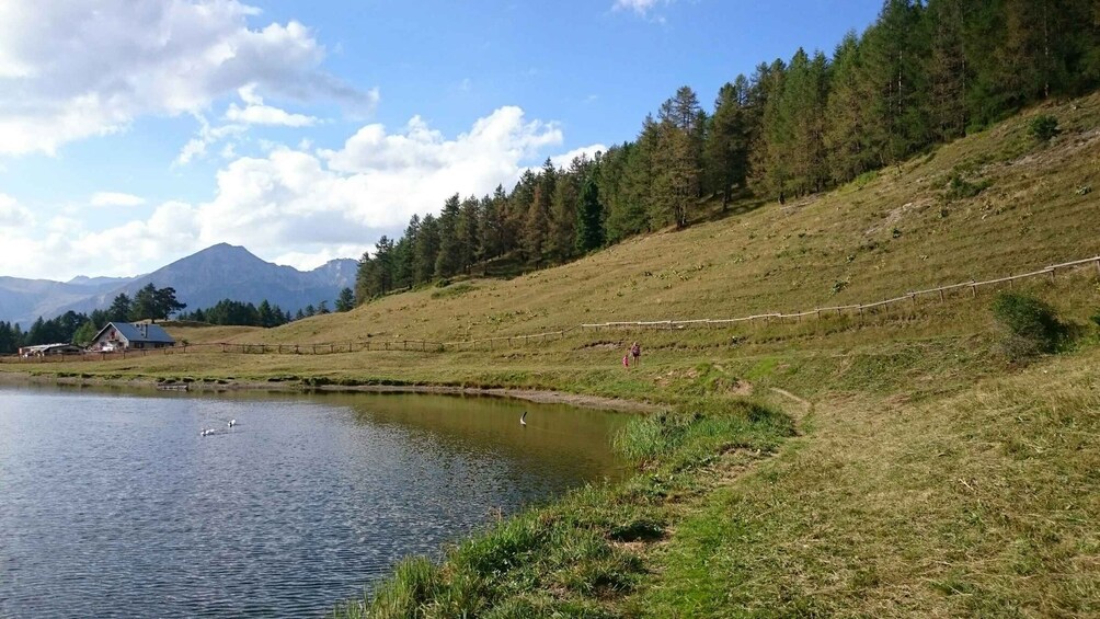 A lake with a wooden fence, a house, and a forested hillside. 3