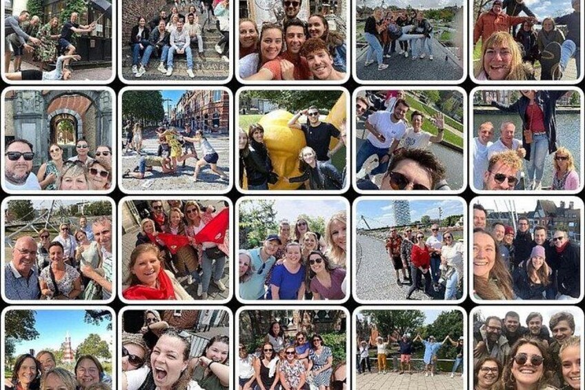 A collage of people in various outdoor settings, including a bridge, a historic building, and a group of individuals near a yellow statue. 2