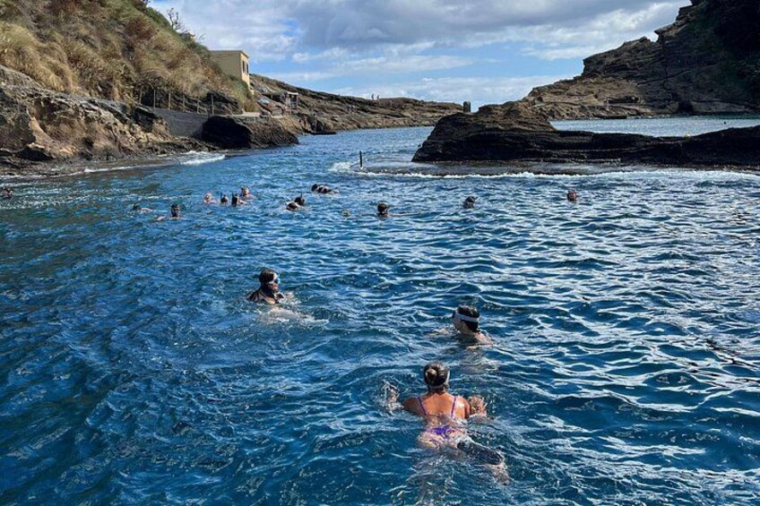 People swimming in a coastal area with rocky cliffs and a clear sky. 3