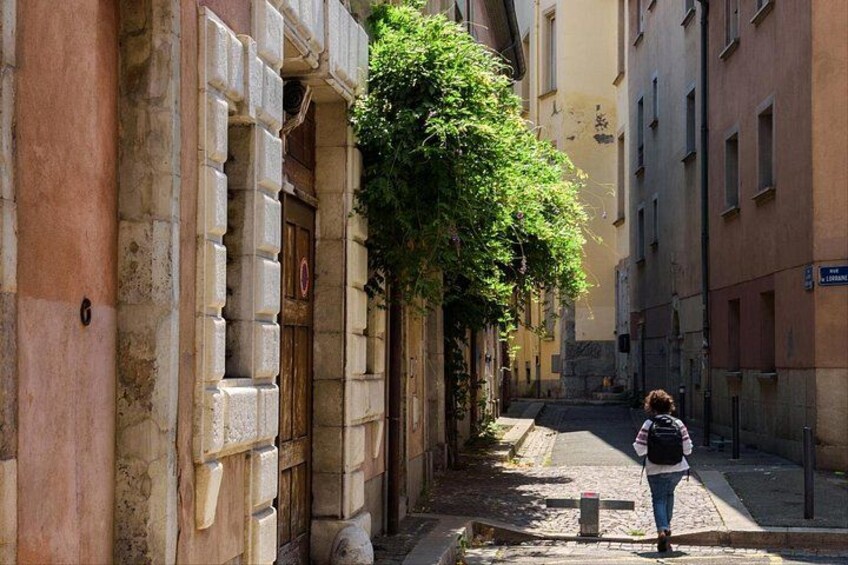 A narrow street with buildings, a person walking, and a tree. 3