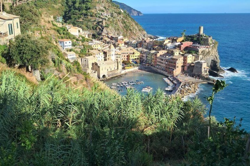 Una cittadina costiera con edifici a picco sulla scogliera, un porto con barche e rigogliosa vegetazione. 3