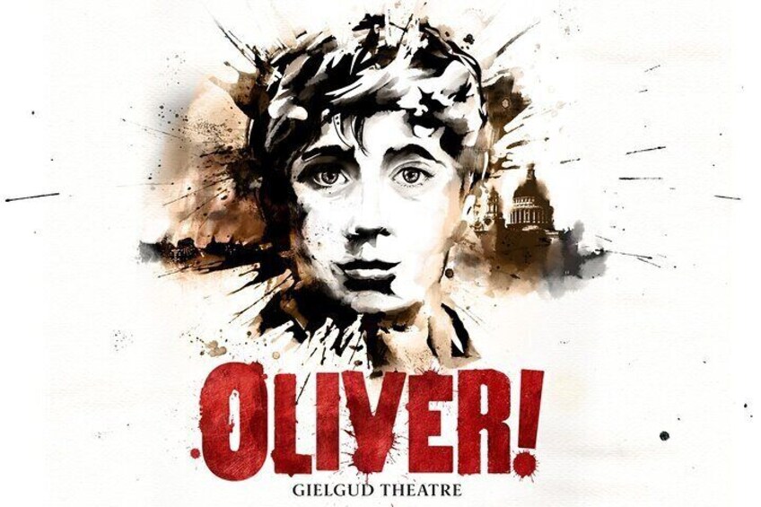 Un cartel de teatro con un retrato estilizado y el nombre 'OLIVER!' en letras negritas. 1