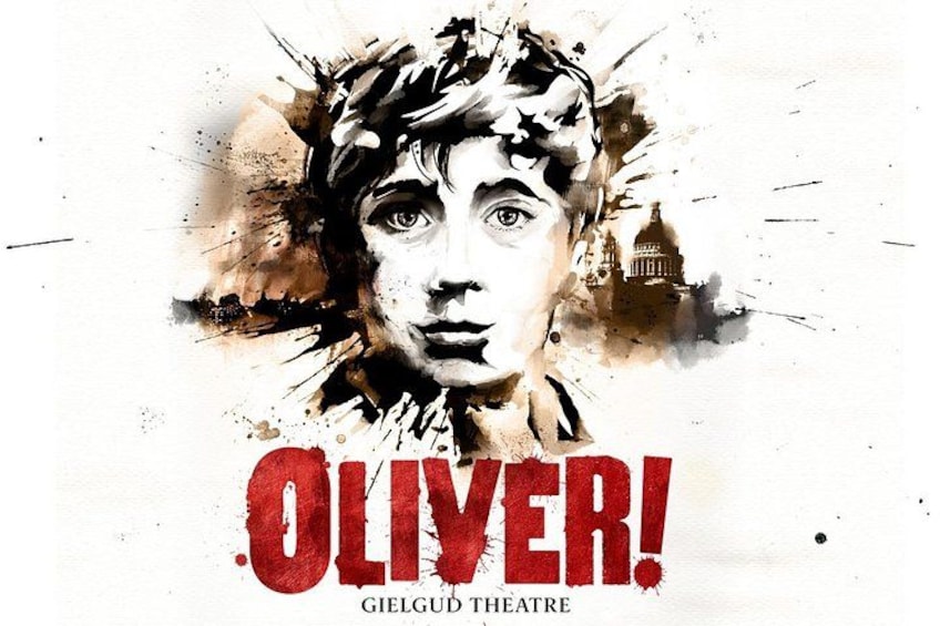 Un manifesto con il testo 'OLIVER!' e 'GIELGUD THEATRE' che indica uno spettacolo o un evento al Teatro Gielgud. 1