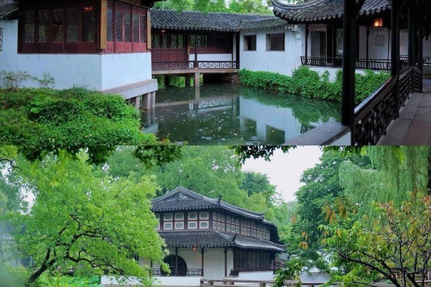 Traditional Chinese architecture with a pond and lush greenery. 4