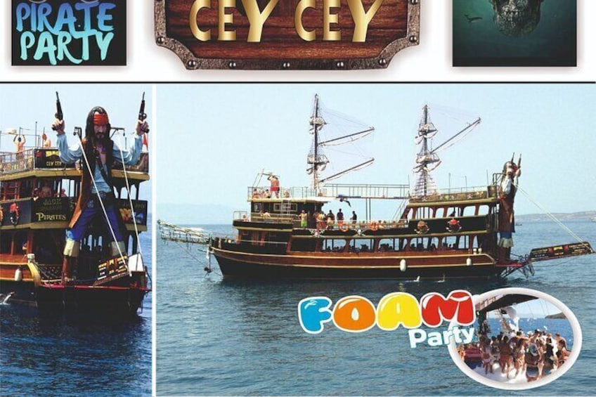 Ein piraten-inspiriertes Boot mit Personen auf dem Deck, ein Holzschild mit der Aufschrift 'CEY CEY' und einem 'FOAM Party'-Logo. 2
